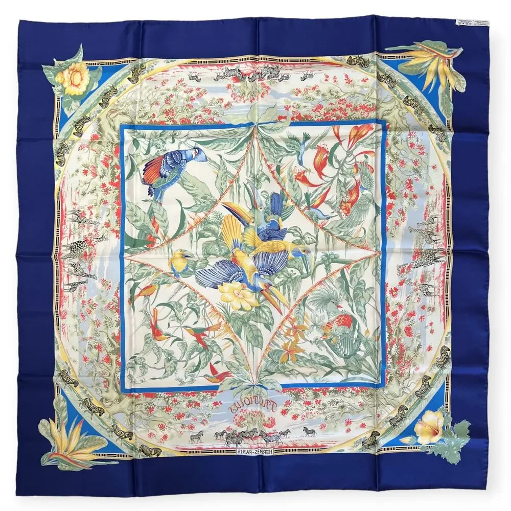 Hermes Paris Tropiques 90 Silk Carre Scarf Blue Tropical Bird 35 Square France - Picture 2 of 16